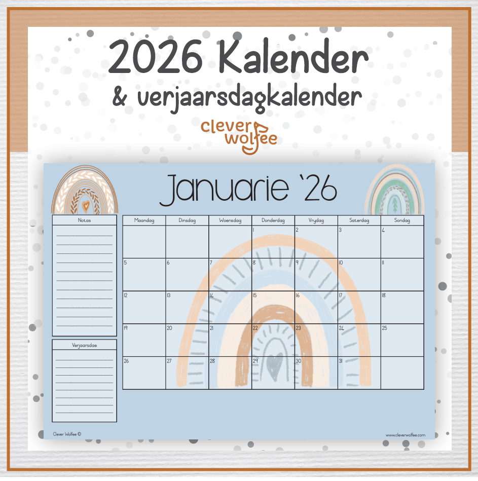 Boho reënboog kalender 2026