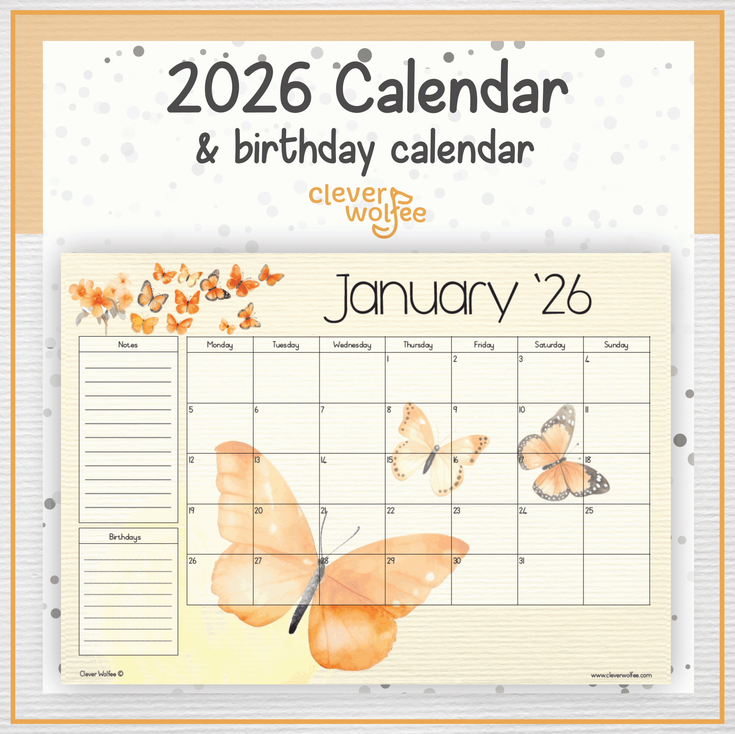 Orange butterflies calendar 2026