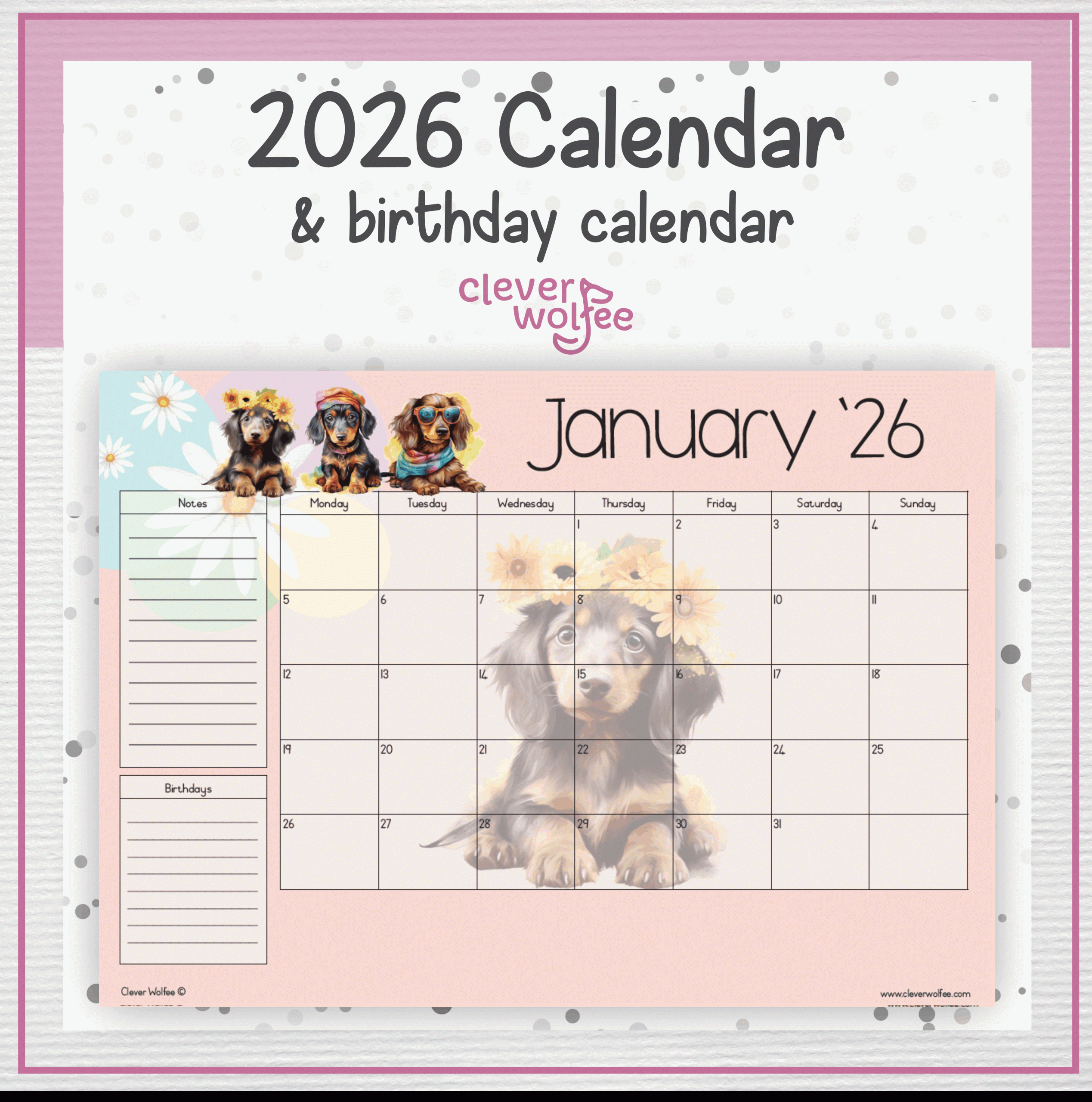 Dachshaund calendar 2026