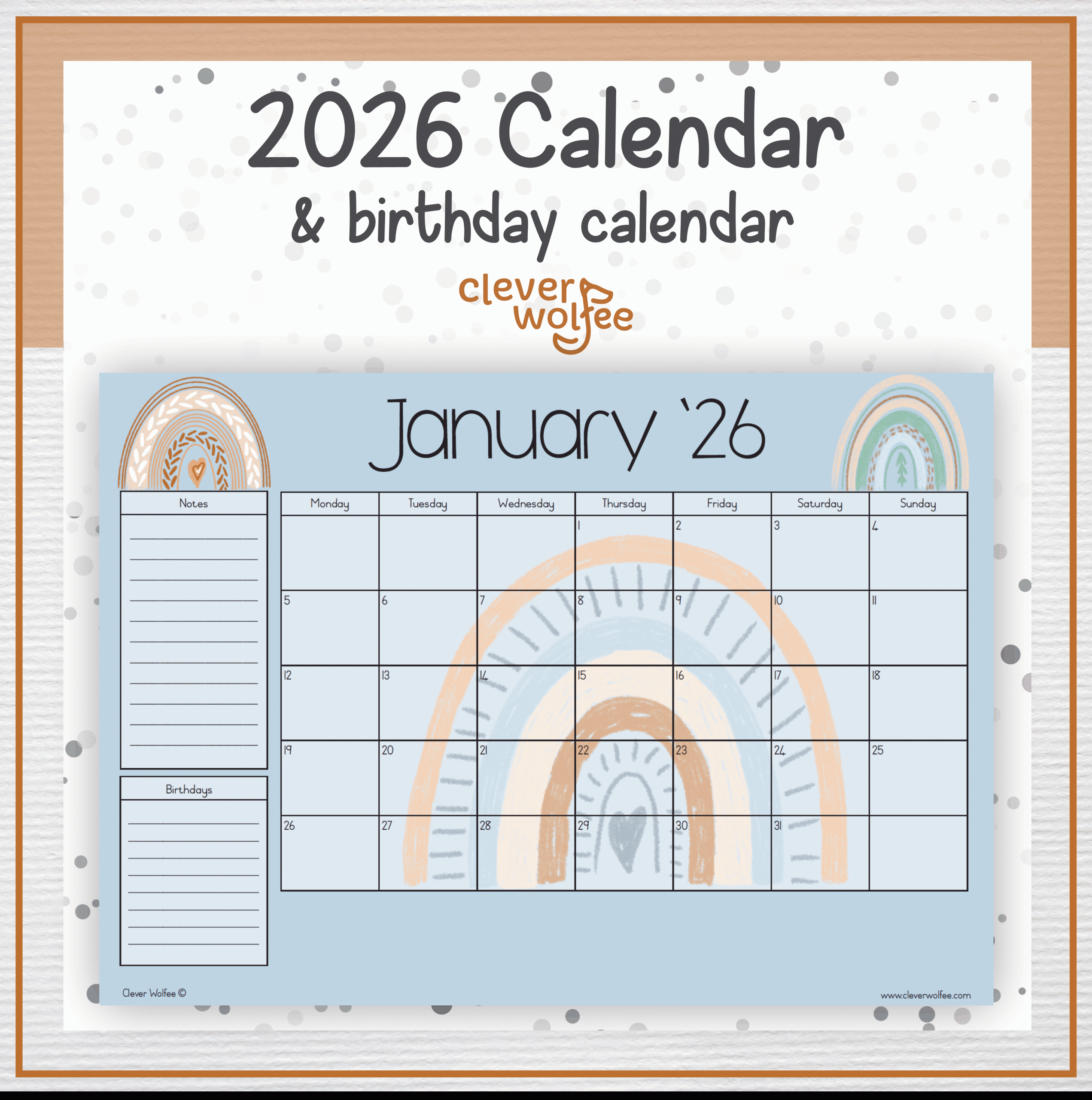 Boho rainbow calendar 2026
