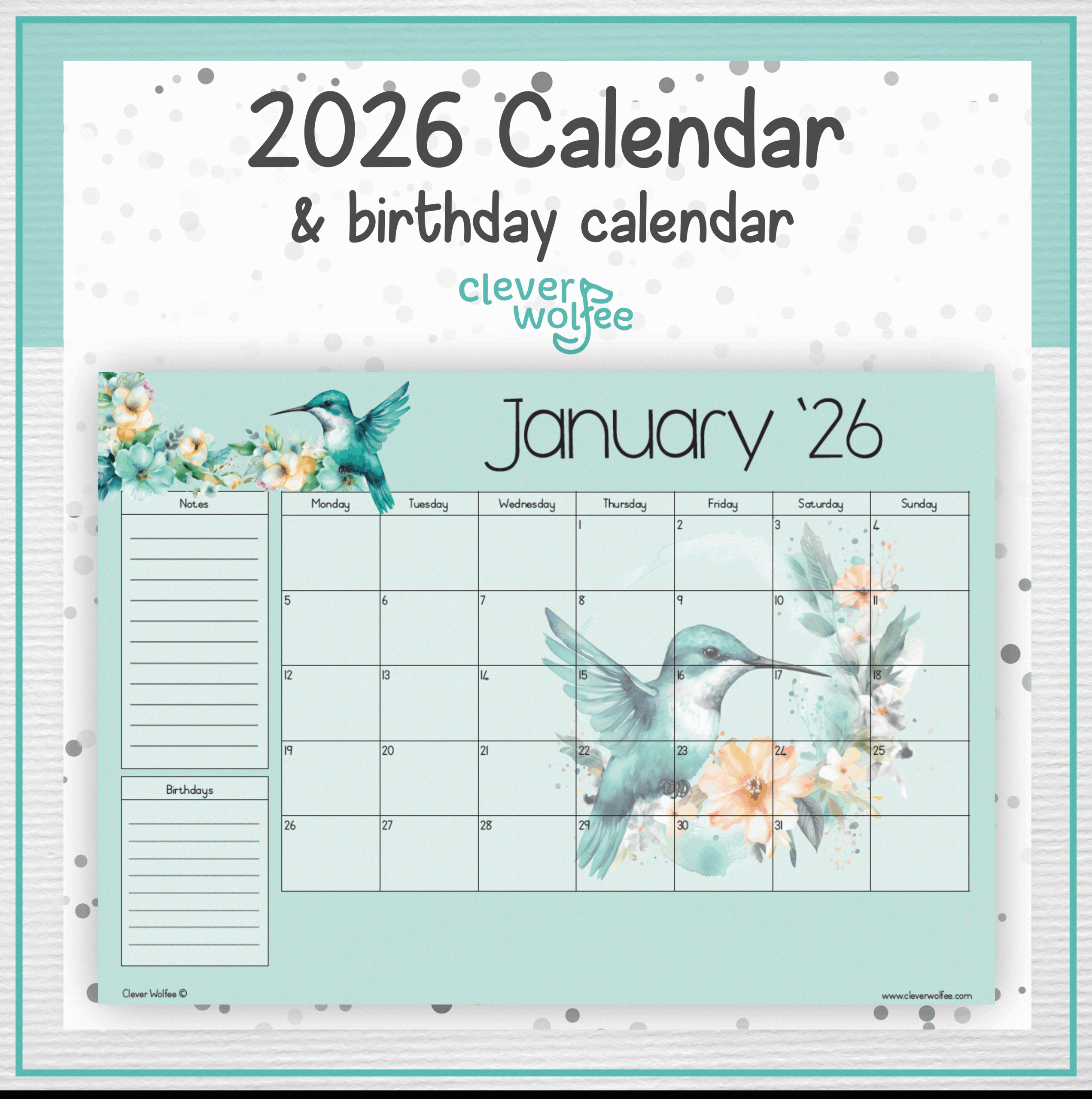 Hummingbirds calendar 2026