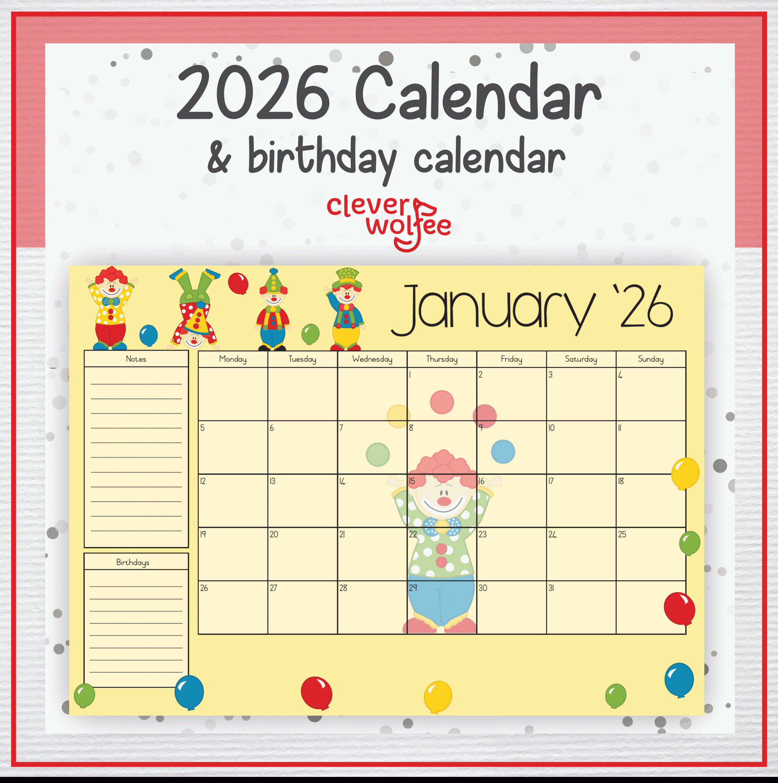 Clown calendar 2026