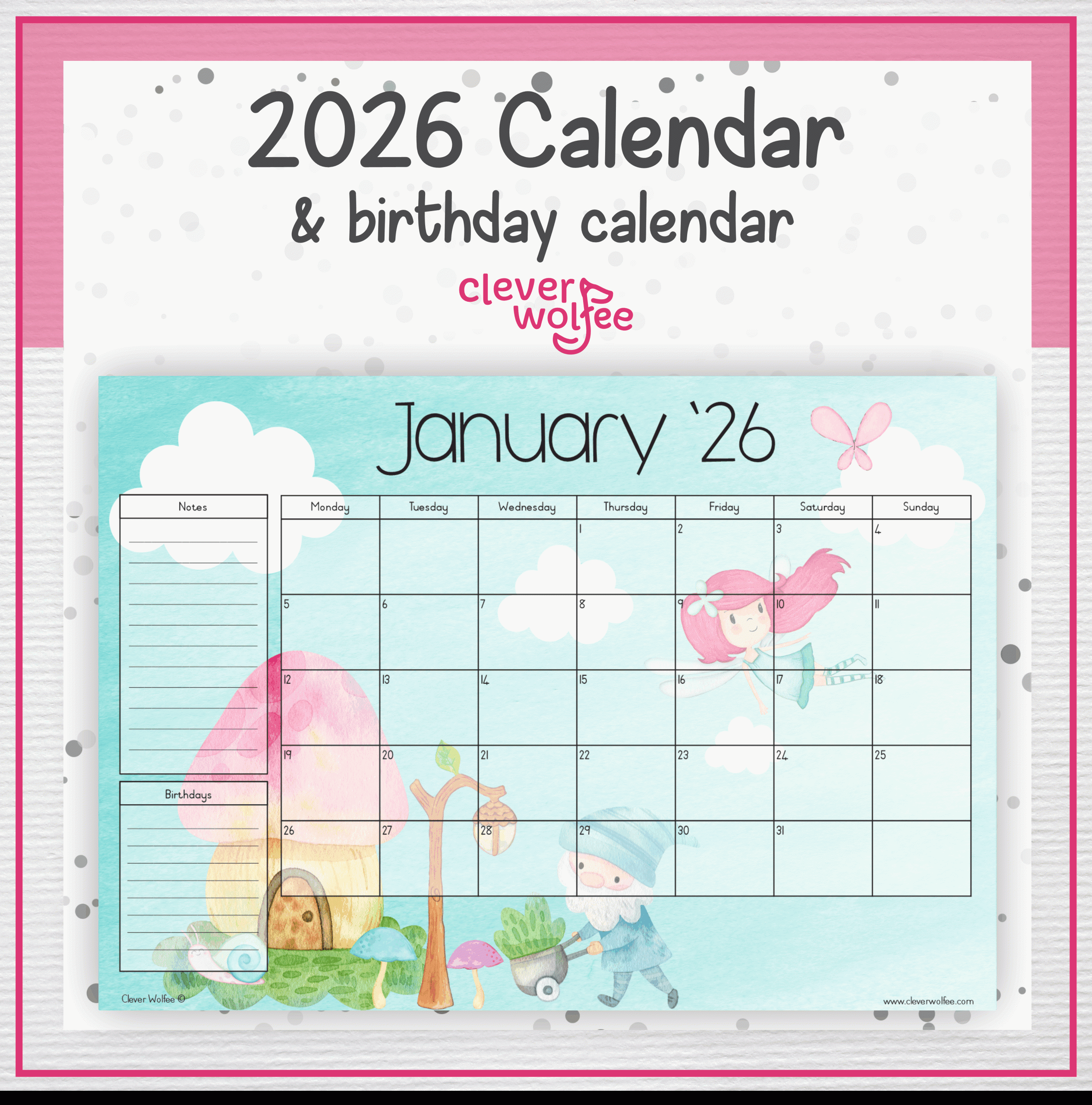 Fairies and gnomes calendar 2026