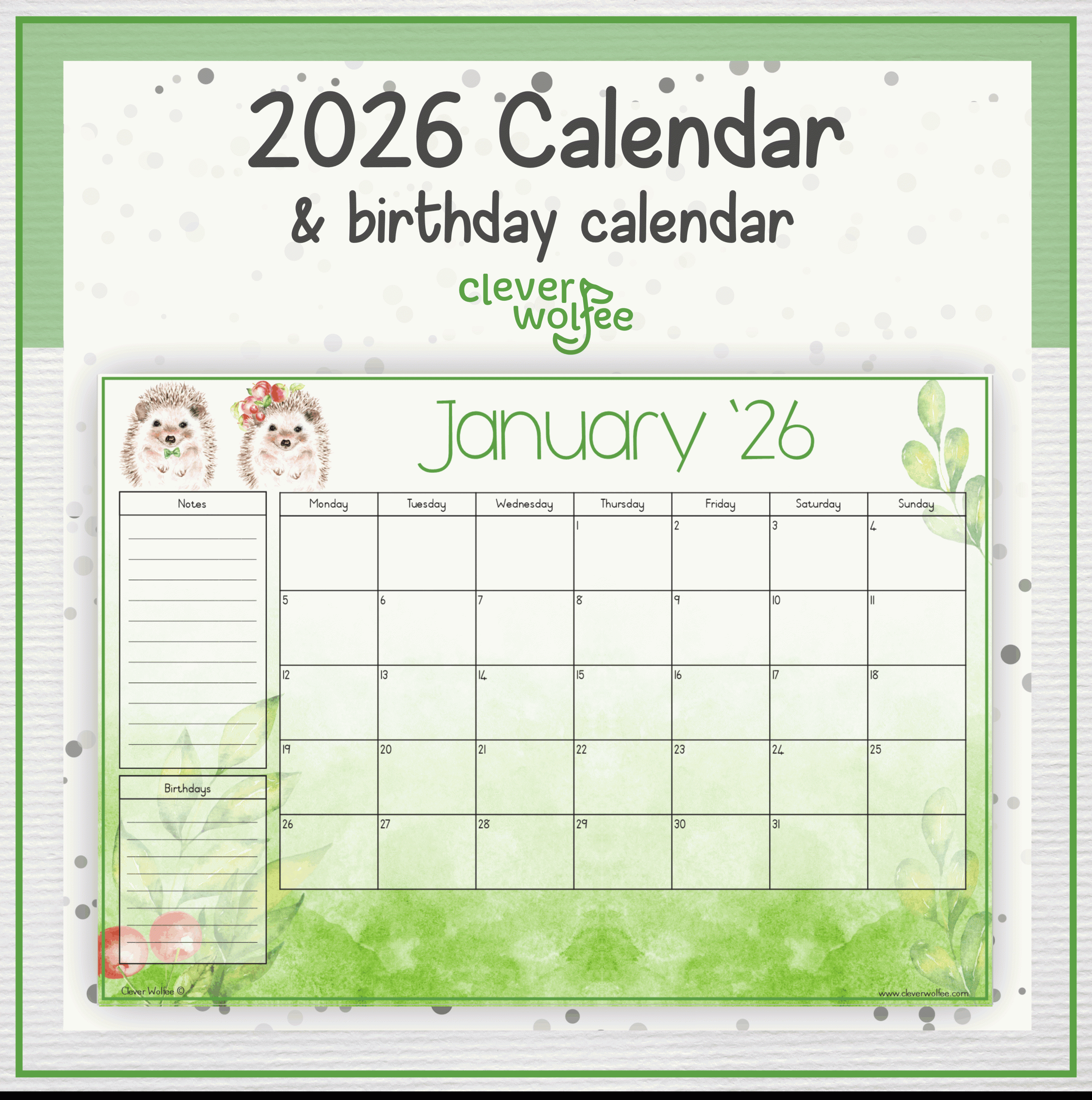 Hedgehog calendar 2026