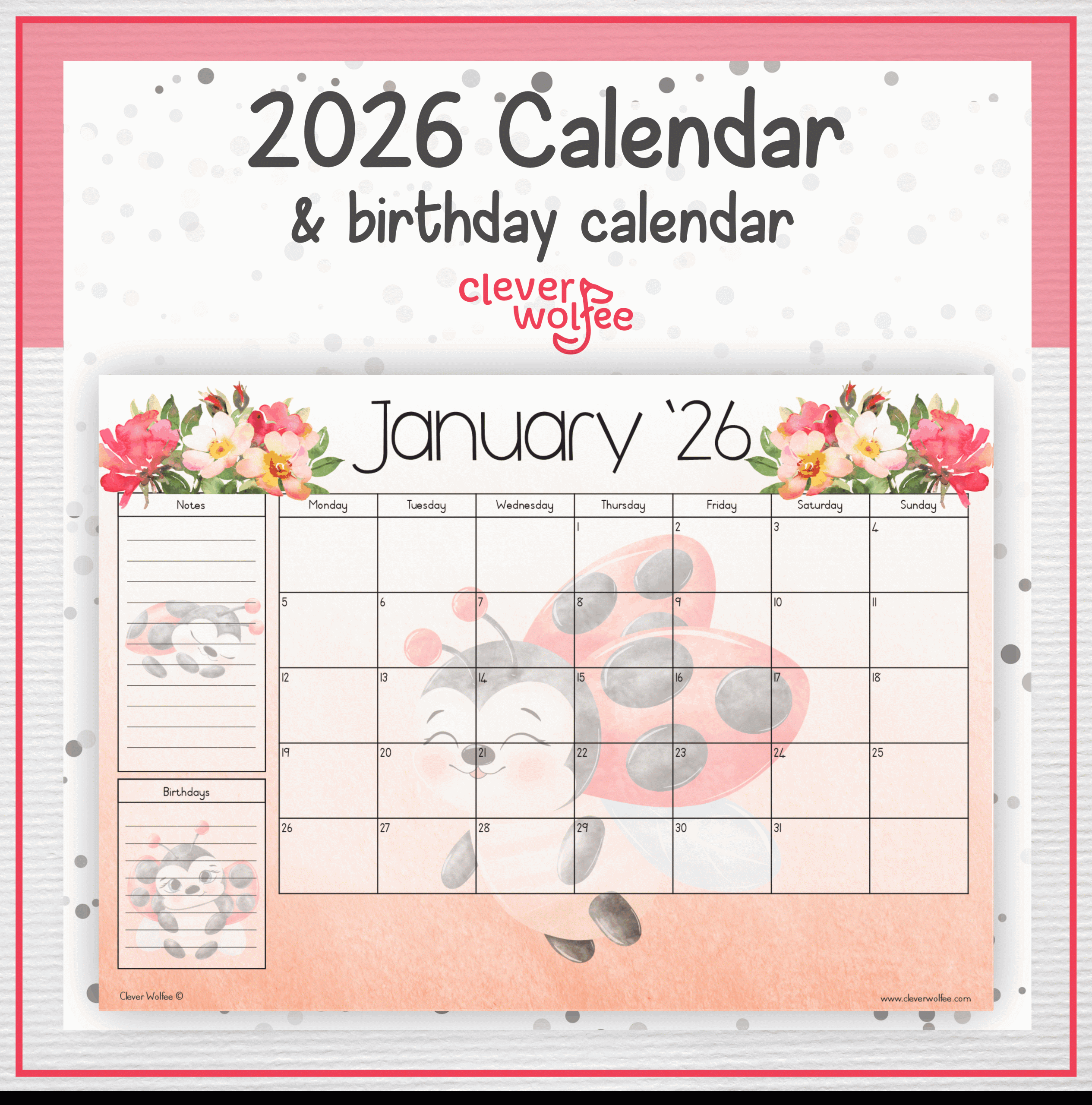 Ladybugs and roses calendar 2026