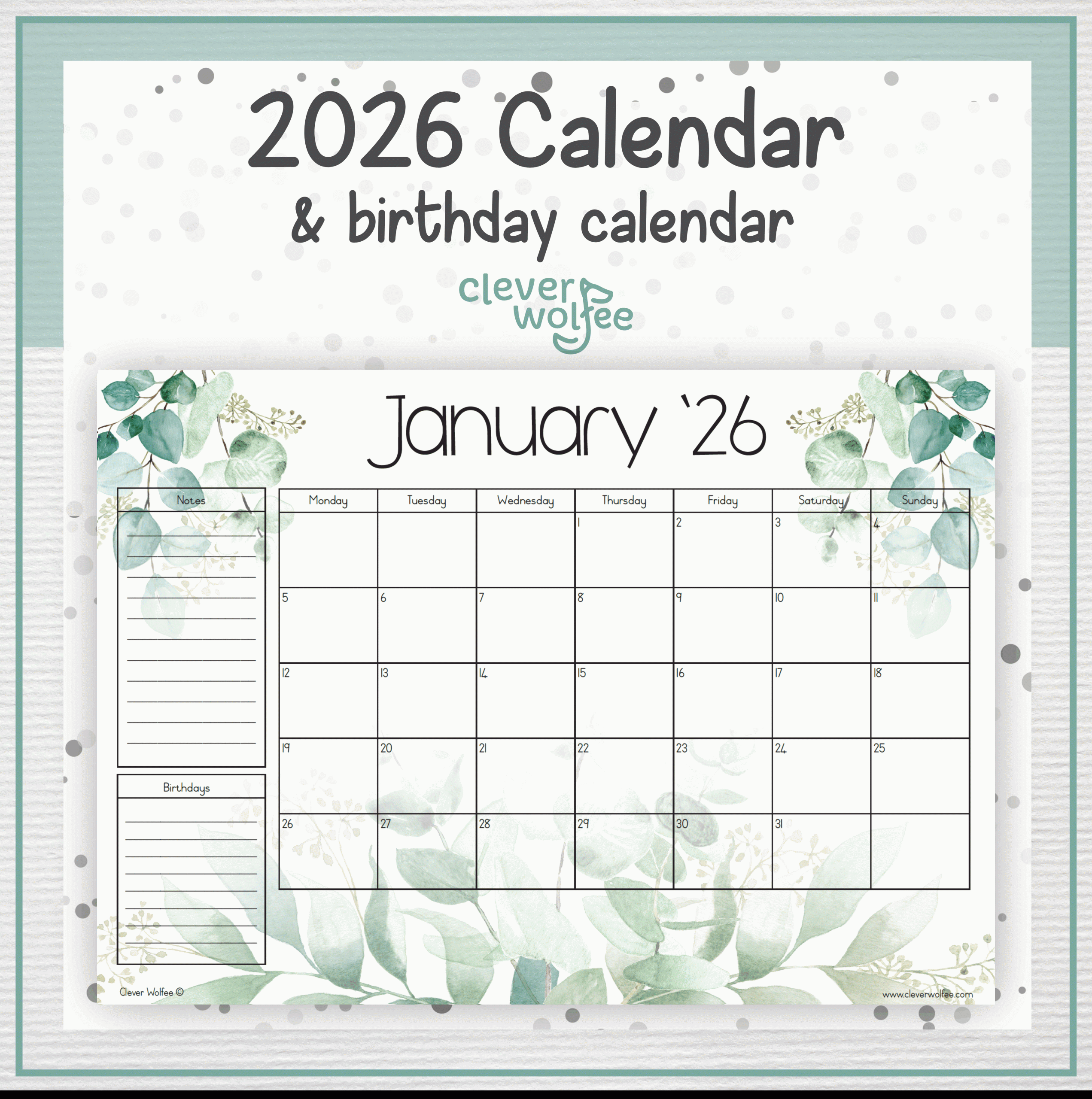 Leaves calendar 2026