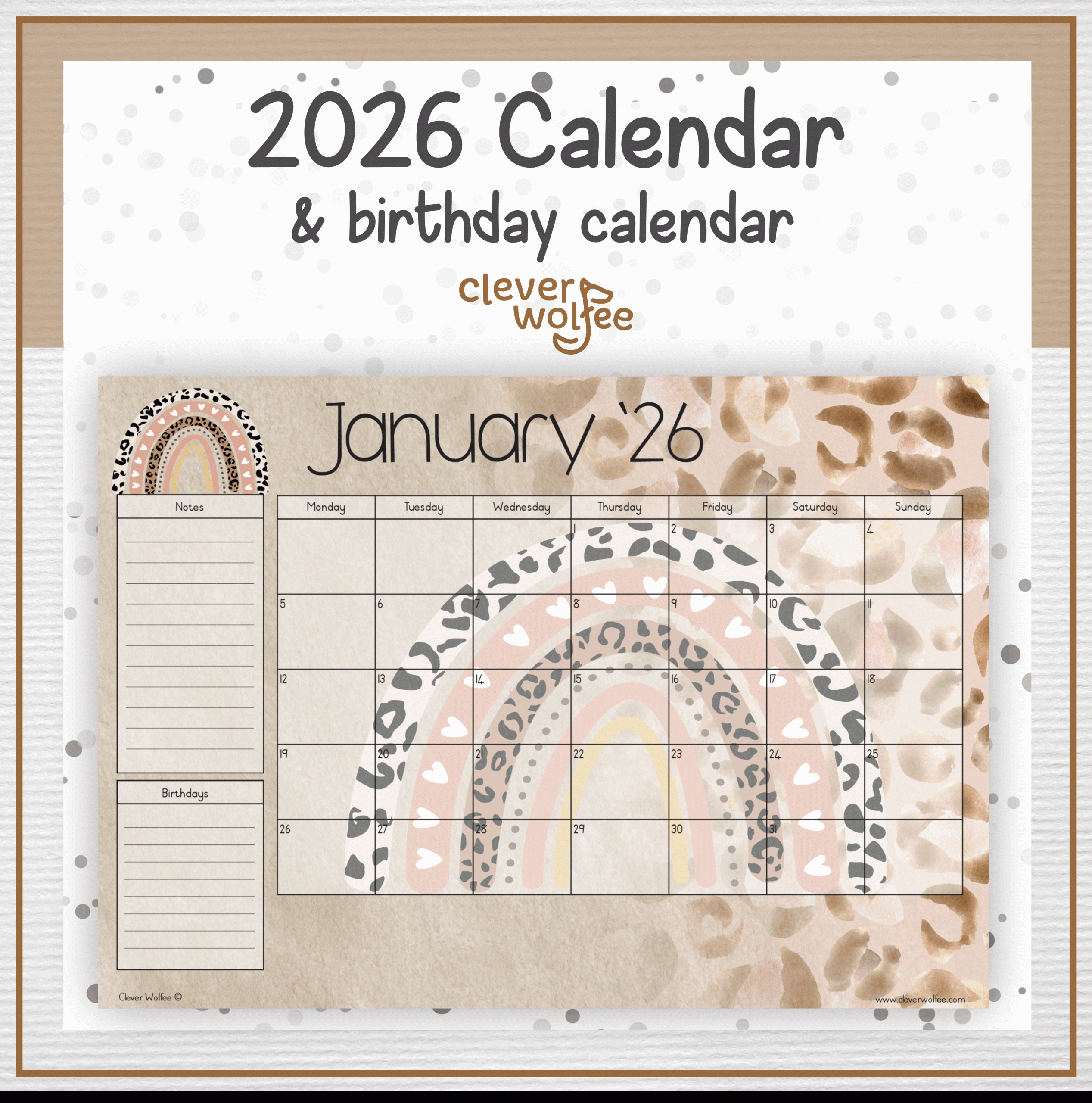 Leopard and rainbow calendar 2026