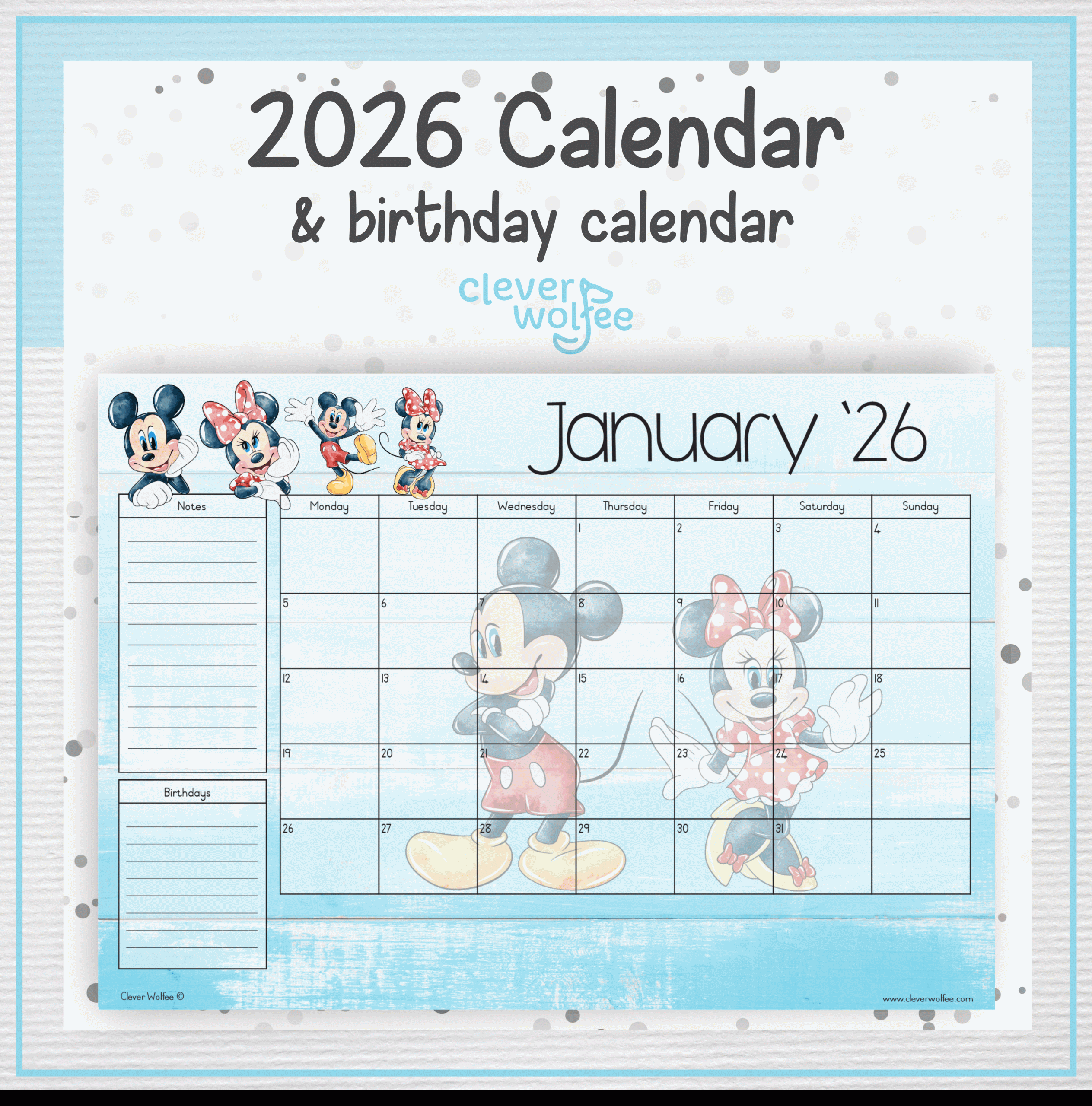Mickey and Minnie mouse calendar 2026