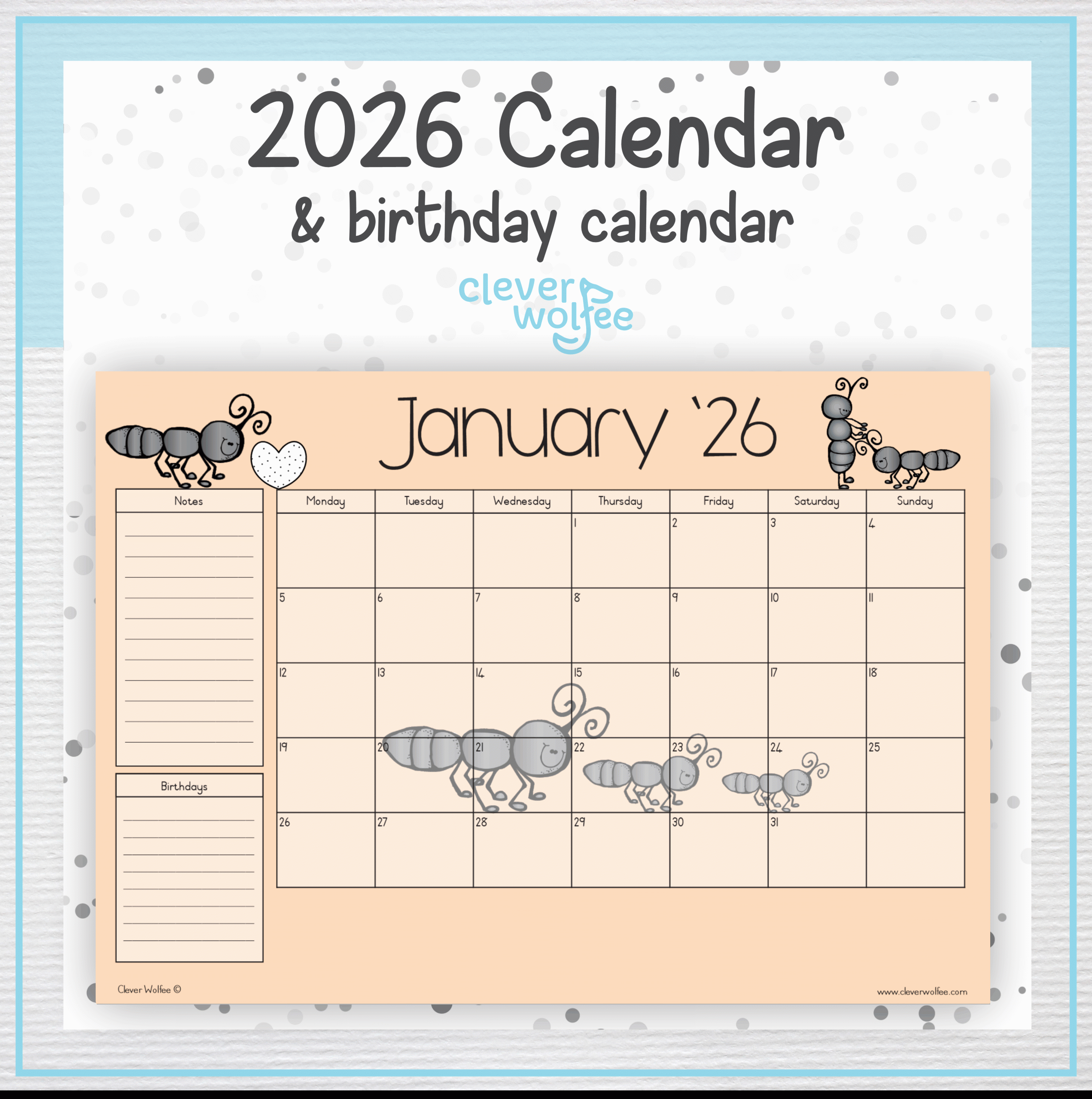 Pastel Ants calendar 2026