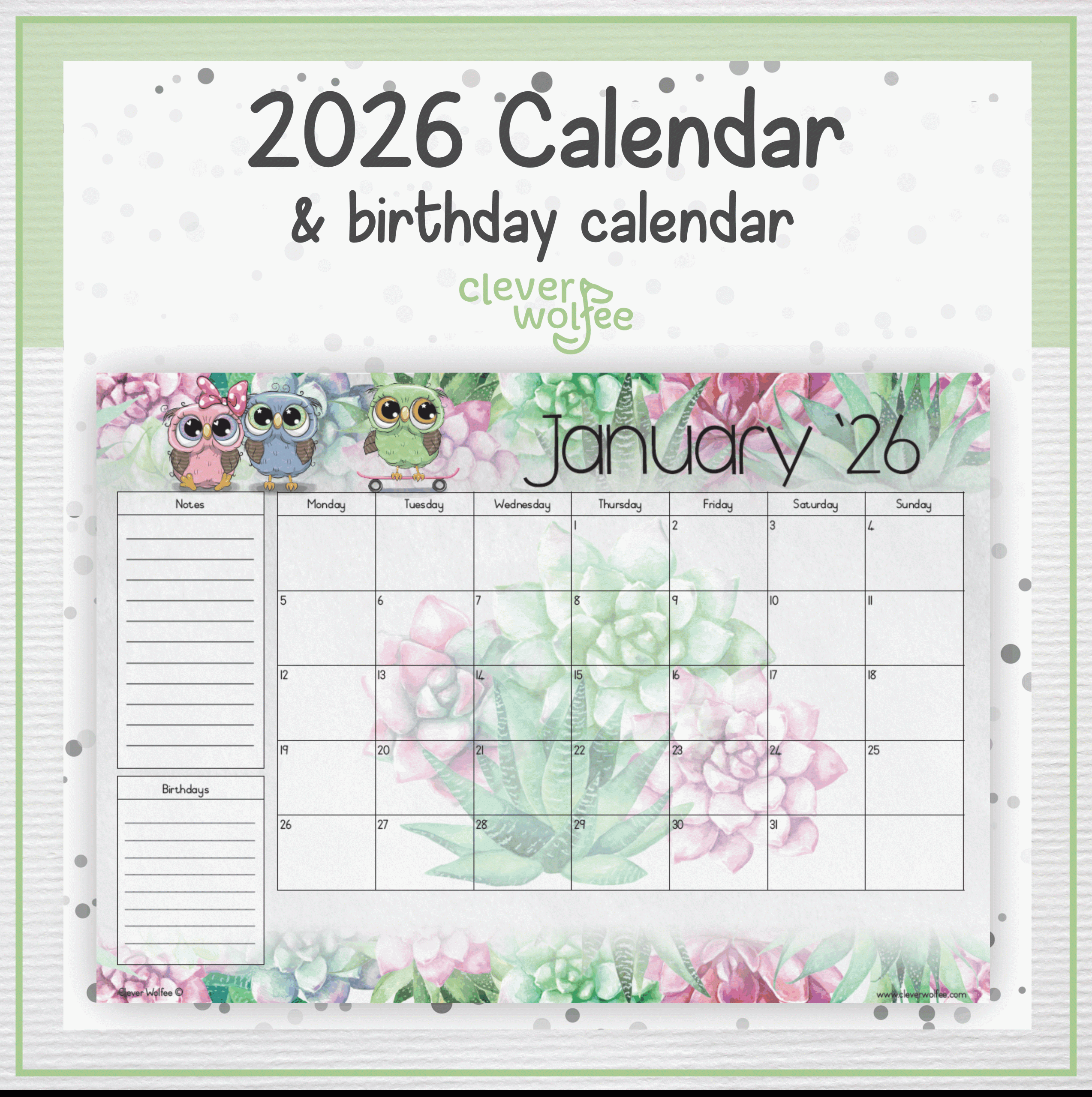 Owl calendar 2026